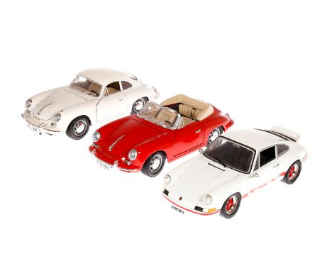 3 Porsche Modelle, darunter Bburago, Maßstab 1:18, 2x 356 B und 1x 1973 Carrera RS, leichte Alterungs- und Gebrauchsspuren, t