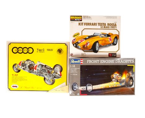 3 Autobausätze, Maßstab 1:16, 1:18 und 1:20, Revell, Bburago und Auto Union, je mit Anleitung, vollständig?, je im tw besch. 