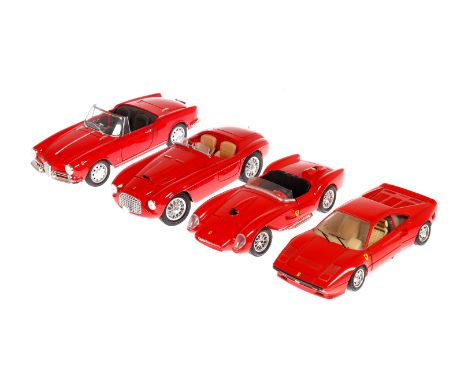 3 Bburago Ferrari Modelle, Maßstab 1:24, rot, dazu 1 Alfa Romeo Modell, leichte Alterungs- und Gebrauchsspuren, Z 2-3