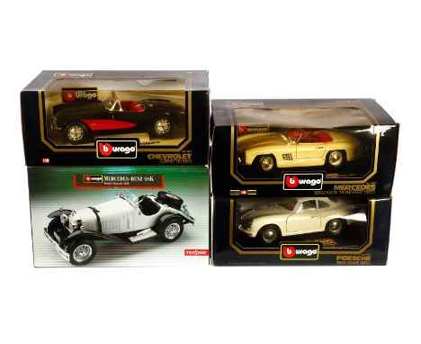 4 Bburago Automodelle, Maßstab 1:18, darunter Porsche 356 B Coupe (Nr. 3021) und Mercedes 300 SL (Nr. 3023), leichte Alterung