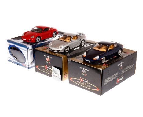 3 Bburago/Maisto Porsche Modelle, Maßstab 1:18, Carrera 911, Turbo 996 und Cayman S, je OK, Z 2