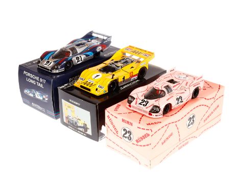 3 Rennwagenmodelle, Maßstab 1:18, Minichamps Porsche ”Big Bertha” und Porsche 917/10 sowie AutoART Porsche 917 L, je mit OK, 