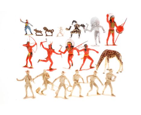 Konv. Marx Indianer und Cowboys, Kunststoff, Figurenhöhe ca. 15, dazu versch. andere Figuren und Tiere, Z 2-3