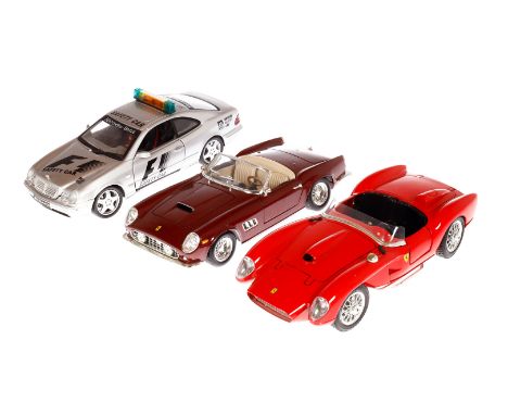 2 Bburago/Hot Wheels Ferrari Modelle und 1 Anson Mercedes Modell, Maßstab 1:18, leichte Alterungs- und Gebrauchsspuren, 1 Rad