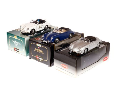 3 Bburago/Kyosho Porsche Modelle, Maßstab 1:18, darunter Porsche 356 Polizei, leichte Alterungs- und Gebrauchsspuren, je mit 