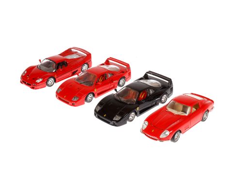 4 Bburago Ferrari Modelle, Maßstab 1:24, rot und schwarz, 2x F 40,  275 GTB 4 und F 50, leichte Alterungs- und Gebrauchsspure