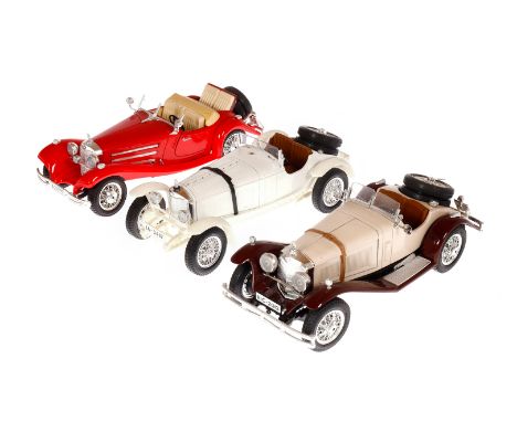 3 Bburago Mercedes Oldtimer-Modelle, Maßstab 1:18 und 1:20, 2x SSK und 500 K, leichte Alterungs- und Gebrauchsspuren, Z 2-3