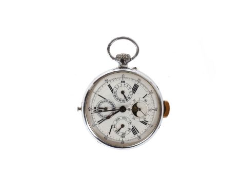 Herrenuhr, Chronograph, Vollkalender, Mondphase, Stoppeinrichtung, Viertelrepetition auf 2 Tonfedern, verchromtes Gehäuse, We