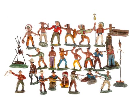 Konv. mit versch. Indianern und Cowboys, Masse, HL, tw Solido Belgien, tw rissig und LS, Figurenhöhe ca. 7-8, Z 3