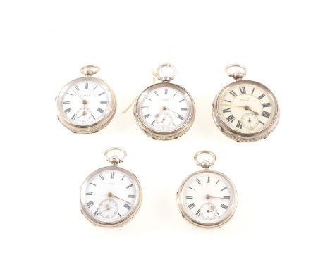 Five silver open faced pocket watches, white enamel dials with roman numeral chapter rings and subsidiary seconds dials, plai