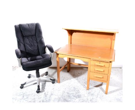 A light oak desk, with a single pedestal of three drawers, width 107cm, an over-shelf to match; and a modern swivel office ch