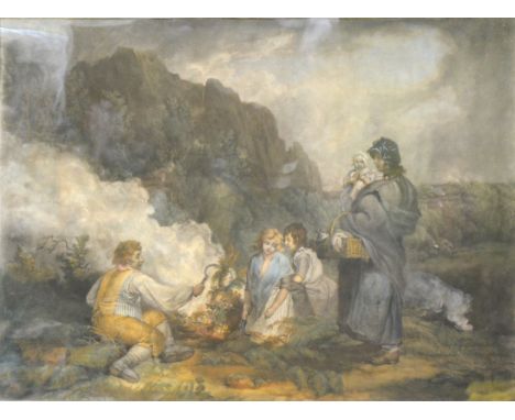 After George Morland, Gypsy Camp, colour print, in a verre eglomise mount, 44cm x 61cm.
