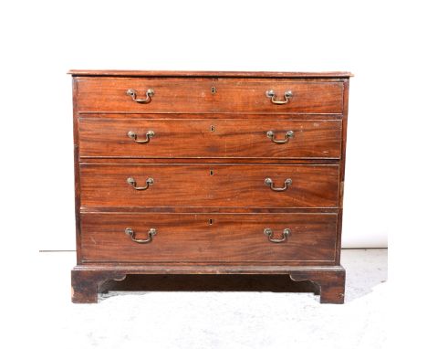 A Victorian mahogany chest of four drawers, cross-banded top (substantial damage), fitted with four drawers, bracket feet, wi