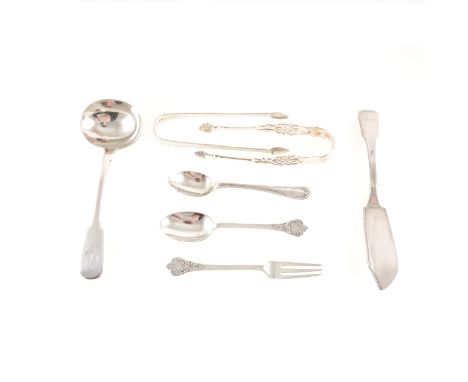 Silver spoon and fork set by Thomas Bradbury &amp; Sons, Sheffield 1918, a cased spoon, a Victorian Fiddle pattern ladle, a G