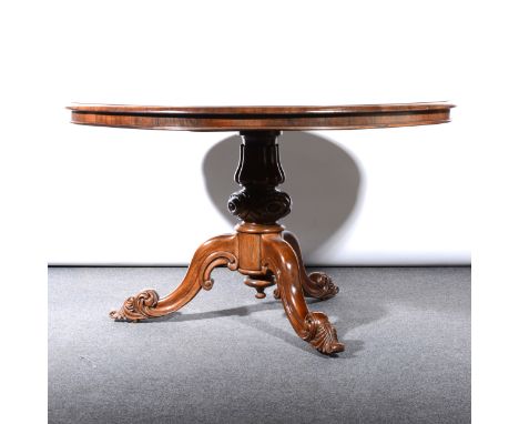 Victorian walnut breakfast table, circular tilt top, scrolled tripod legs, diameter 128cm.