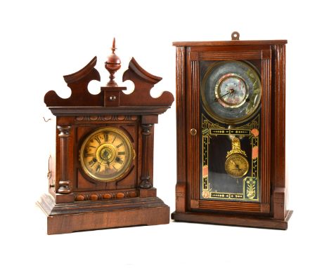 Walnut and stained beech bugler alarm clock, Thomas Fattorini, architectural case, ivorine chapter ring, striking on a bell a