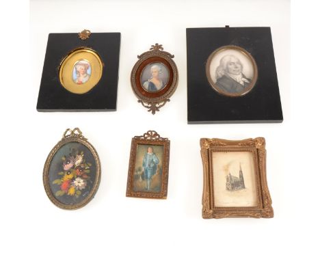 Continental portrait miniature, Lady in 18th Century dress, on porcelain, 4 x 3cm; six other miniatures.
