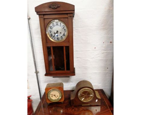 A walnut cased wall clock, repainted silvered dial, spring driven movement, inlaid walnut presentation mantel clock and a Smi