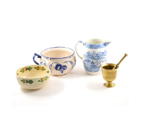 Hammersley bone china toilet ewer, plain white; plain white basin; ironstone chamber pot; Nao figure; metalware etc. (2 boxes