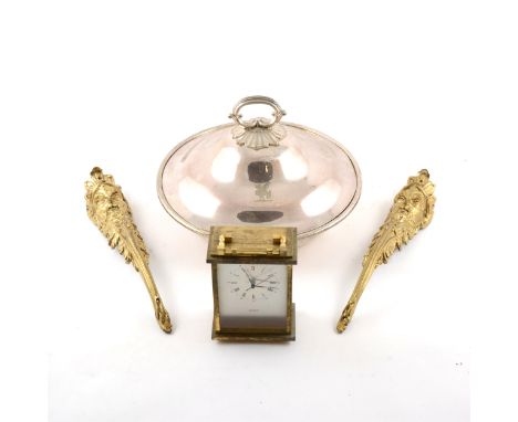 Electroplated circular tureen, diameter 30cm; modern carriage clock; a Tudor crystal tumblers; metalware and sundries.