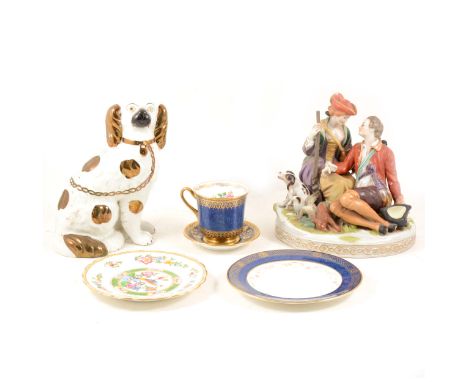 A quantity of glass and ceramics, to include a glass biscuit jar with engine-turned metal hinged lid, sphinx finial, circular