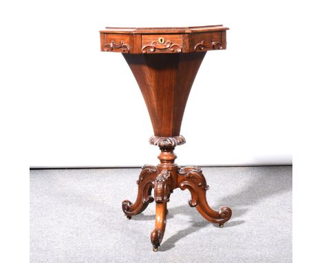 A William IV rosewood pedestal work table, octagonal hinged lid, defective interior, conical under-section, carved tripod leg