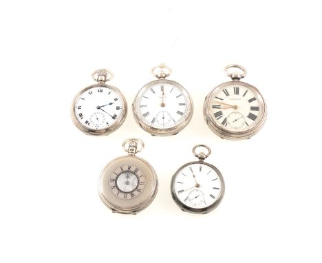 Four silver open faced pocket watches and one demi-hunter, white enamel dials with roman numeral chapter rings and subsidiary