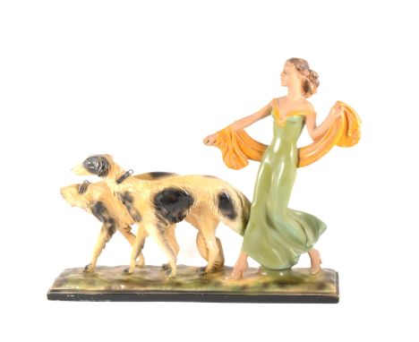 An Art Deco painted plaster group, Lady with Borzoi, damaged, plinth length 54cm.