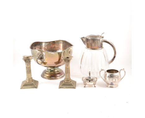 Pair of electroplated Corinthian column candlesticks, 17cm; pair of plated three-light candelabra; cut-glass claret jug with 