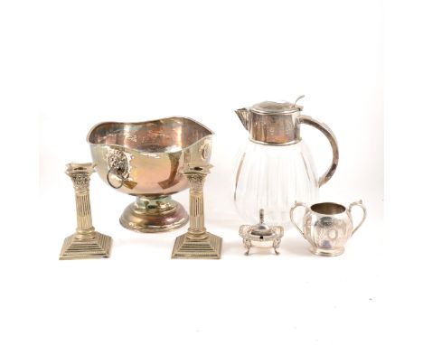 Pair of electroplated Corinthian column candlesticks, 17cm; pair of plated three-light candelabra; cut-glass claret jug with 