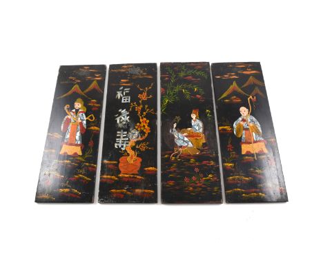 Set of four Far Eastern lacquered panels, each painted with a single figure and inlaid with mother of pearl, 39 x 14cm; three