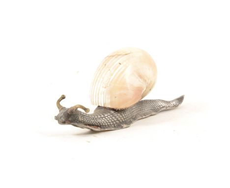 A WMF silver-plated snail with mother of pearl shell (shell damaged) and brass feelers, 11cm.