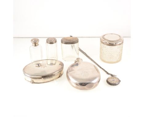 A collection of silver items, to include a hip flask by William Seaman, compressed oval form with slip off cup, London 1873, 