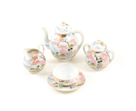 Japanese eggshell type teaset, decorated with Geisha by a lakeside, including a teapot, 19cm.
