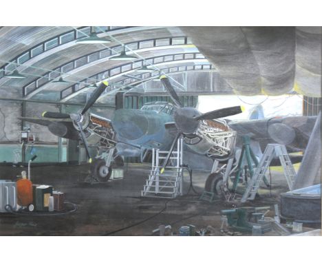 After Jasper Hall, interior of an aircraft hangar, print, 35 x&nbsp;54cm.