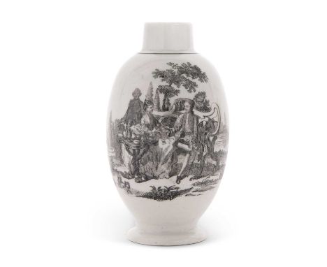 A Worcester porcelain tea caddy circa 1780 with black prints of the tea party and lady verso with man servant, 13cm high