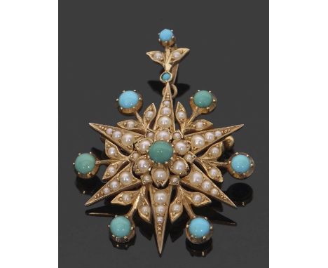 A Victorian turquoise and pearl star brooch/pendant, the centre set with a turquoise surrounded by small pearls and surrounde