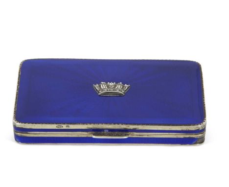 A George V silver and enamel box of rectangular form, the hinged lid and sides with a royal blue guilloche enamel detail, the
