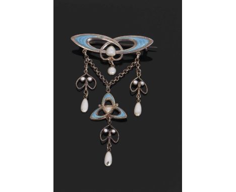 A continental Art Nouveau silver and enamel brooch by Clement Berg, the top set with pale blue enamel and white to centre, wi