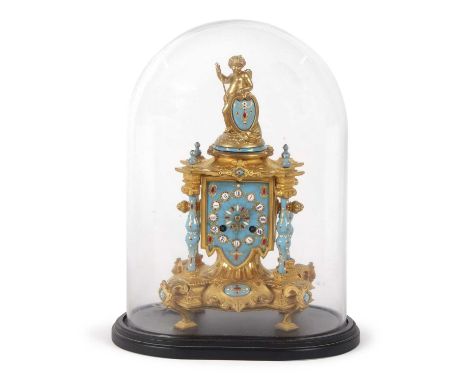 An elaborate 19th Century French gilt metal and blue enamelled mantel clock, the case with cherub mount over body with pillar