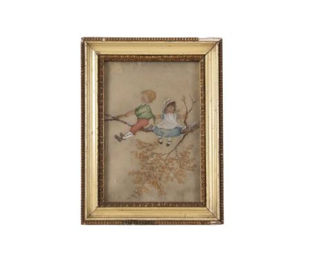 Circa 19th century, four oil on ivory works, including a reclining female nude (6x8cm) a pair of children at play on a tree b