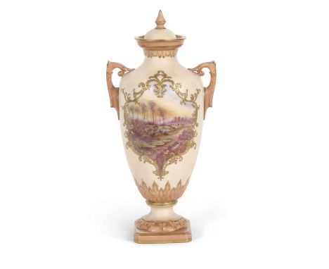 Large Worcester Locke &amp; Co vase with central cartouche painted with a landscape scene of a view in Surrey, factory mark a