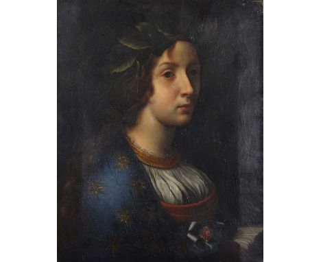 Circa 18th century, Italian school, Bust portrait of a young woman adorning a laurel, oil on canvas, unframed, approx 44x55cm