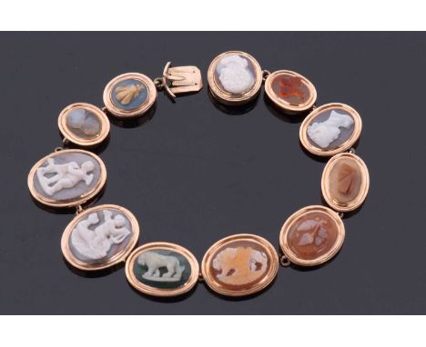 A hardstone cameo bracelet, set with oval hardstones carved with cherubs, animals, insects, portrait busts, all collet mounte