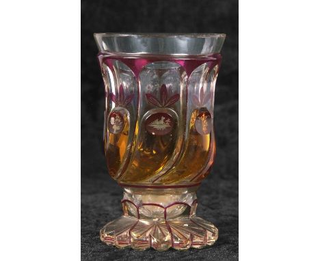 Late 19th Century Bavarian glass vase with purple overlay design, the main body decorated with small roundalls engraved with 