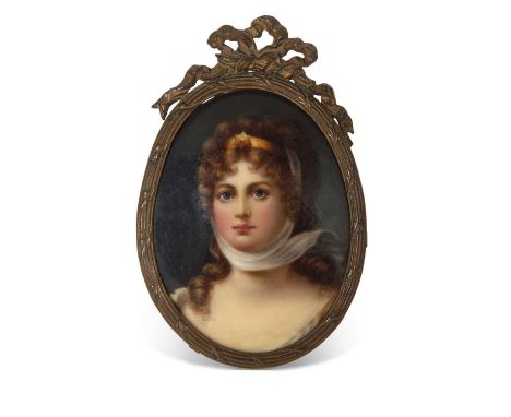 A small KPM style plaque finely painted with a portrait of a young lady in gilt scroll frame with impressed numerals to base 