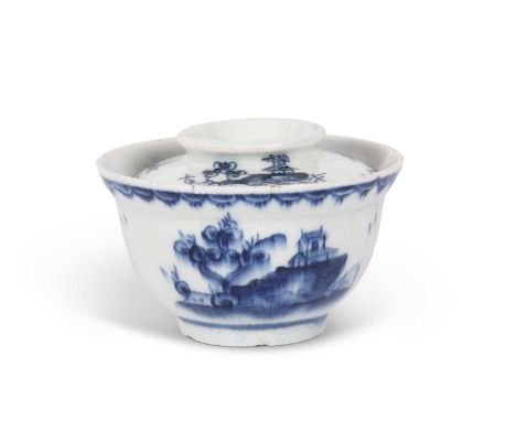 A Lowestoft porcelain miniature sucrier and cover, circa 1765 with Chinoiserie designs within berry border