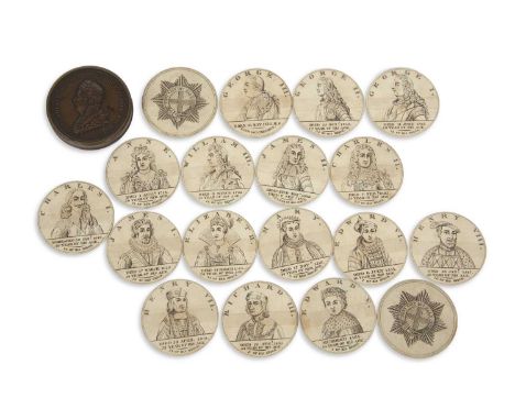  A Regency chronology of the Sovereigns of England 1814, a circular box medal set contains sixteen engraved double-sided mono