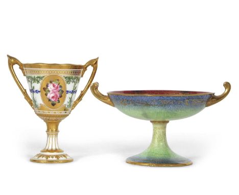 A Royal Crown Derby chalice type cup of vase with gilt handles painted with panels of roses to front and verso also with gree