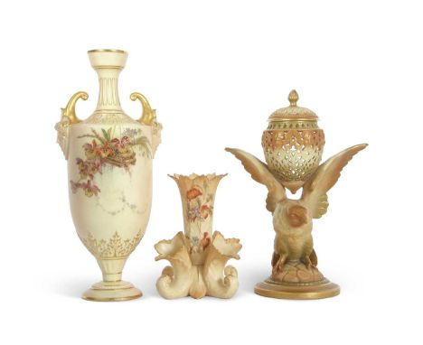 A group of Worcester wares including a small Granger spill holder vase decorated with floral sprays, a Worcester model of an 